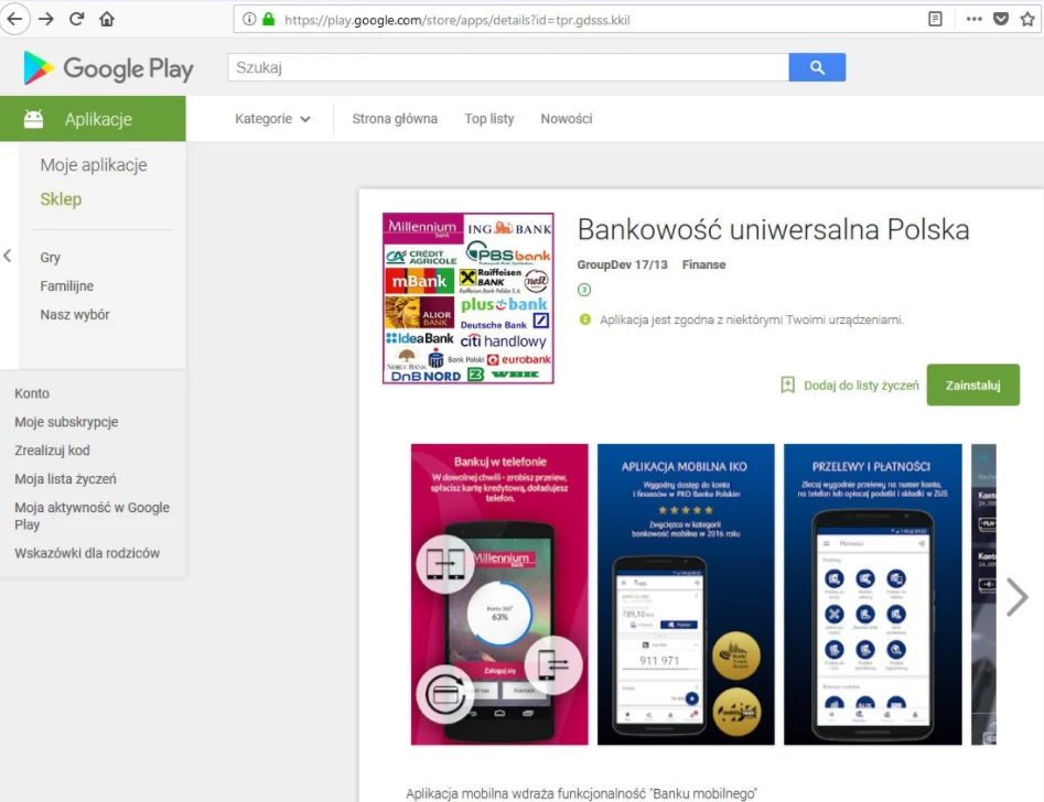 Aplikacja Bankowość uniwersalna Polska - print screen z Google Play