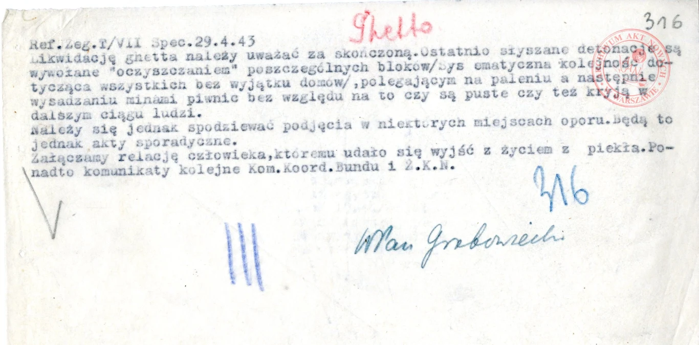 Raport Referatu Żydowskiego „Żegota” o zakończeniu likwidacji getta; AAN, Delegatura Rządu RP na Kraj, sygn. 202/XV/2, s. 316