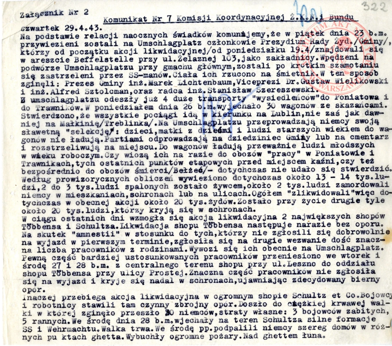 Komunikaty Komisji Koordynacyjnej Żydowskiego Komitetu Narodowego i Bundu; Delegatura Rządu RP na Kraj, sygn. 202/XV/2, s. 320-322