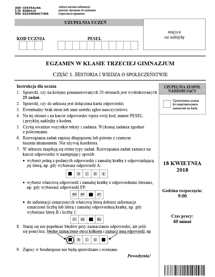 Egzamin gimnazjalny 2018. Historia i WOS / źródło: CKE