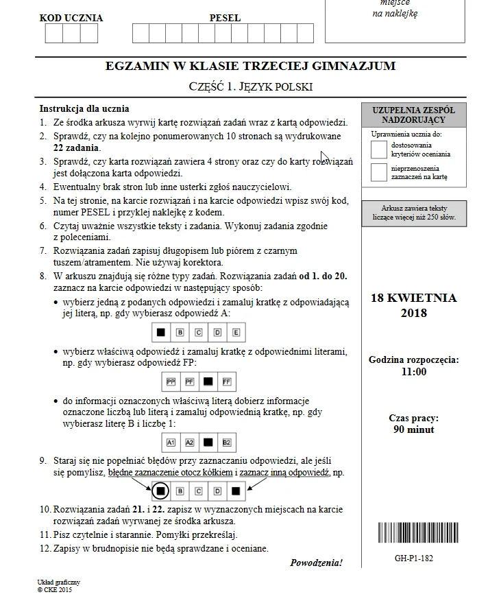 Egzamin gimnazjalny 2018. Język polski arkusz CKE i odpowiedzi
