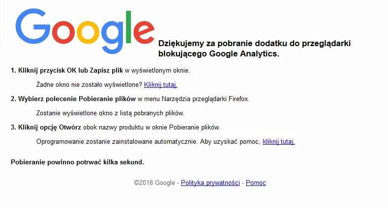 Jeśli dodatek nie pobierze się automatycznie, można skorzystać z przedstawionych przez opcji
