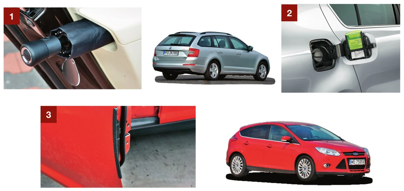 [1] Parasol ukryty w boczku drzwi – Skoda Superb. [2] Skrobaczka w klapce wlewu paliwa (Skoda Octavia). [3] Wysuwany odbojnik drzwi – Ford Focus III generacji.