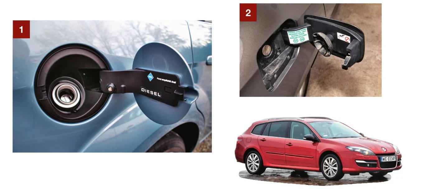  [1] Ford Focus - wlew nie ma korka, a mimo to paliwo się nie rozchlapuje. [2] Renault Laguna - zatyczka wlewu jest zamocowana do samej klapki.
