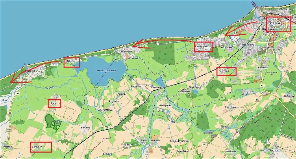 Mapa okolic Kołobrzegu i Rogowa. Między 4 a 6 marca dochodzi na tych terenach do dantejskich scen związanych z ucieczką ludności cywilnej przed Armią Czerwoną Mapa okolic Kołobrzegu i Rogowa. Między 4 a 6 marca dochodzi na tych terenach do dantejskich scen związanych z ucieczką ludności cywilnej przed Armią Czerwoną