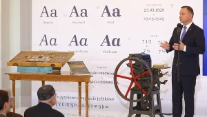 Prezydent Andrzej Duda podczas uroczystej prezentacji zdigitalizowanej czcionki Brygada 1918