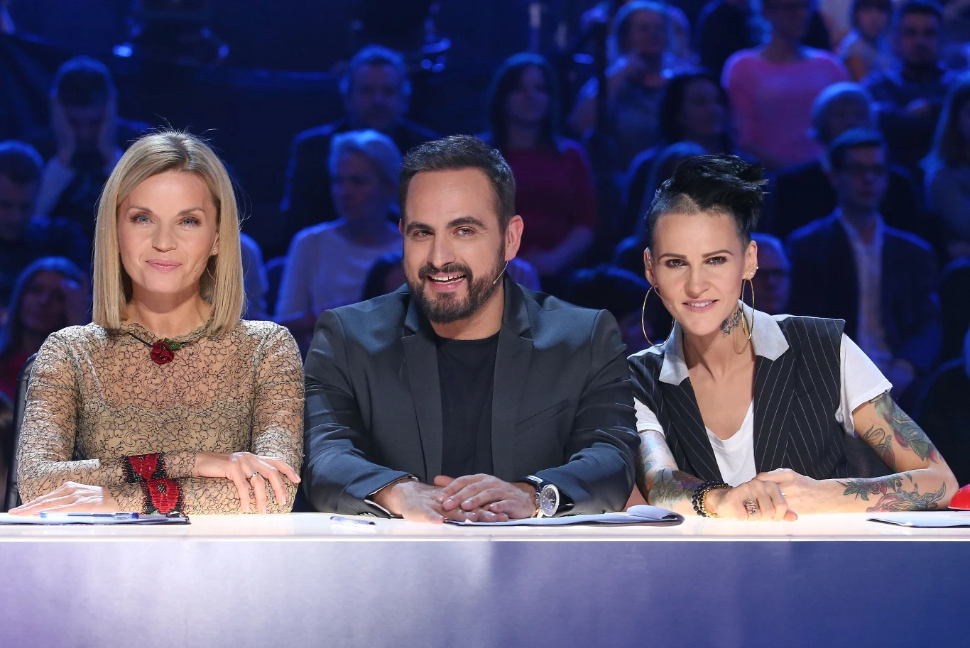 Małgorzata Foremniak, Agustin Egurrola i Agnieszka Chylińska na planie "Mam talent" Małgorzata Foremniak, Agustin Egurrola i Agnieszka Chylińska na planie "Mam talent"
