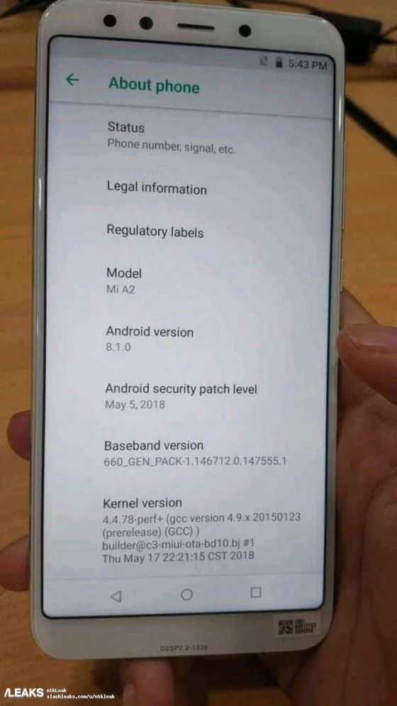 Xiaomi Mi A2 / fot. Slashleaks Xiaomi Mi A2 / fot. Slashleaks