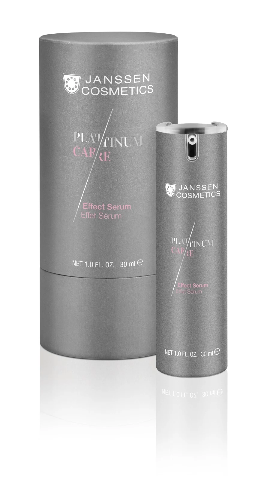 Janssen Cosmetics Platinum Care Effect Serum zapewnia natychmiastowy efekt ujędrnienia i liftingu skóry. Już po pierwszej aplikacji wygładza i rozświetla powierzchnię skóry. Rezultatem działania serum jest zmniejszona ilość zmarszczek mimicznych oraz linii ekspresji, wygładzenie i rozświetlenie powierzchni skóry, a także zwiększenie poziomu nawilżenia w skórze. Cena: 315 zł / 30 ml