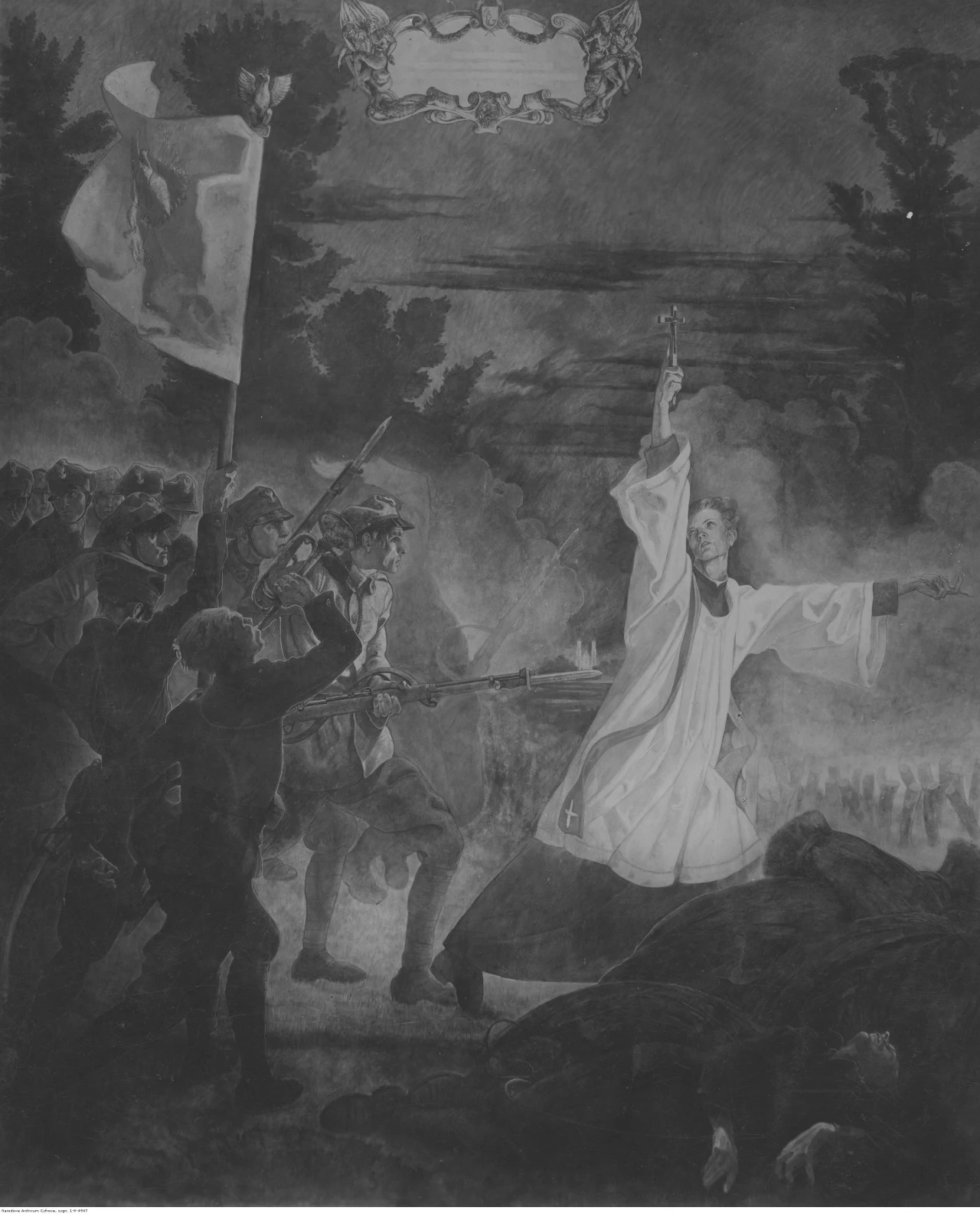 Obraz artysty malarza Jana Henryka Rosena "Śmierć księdza Skorupki" Obraz artysty malarza Jana Henryka Rosena "Śmierć księdza Skorupki"