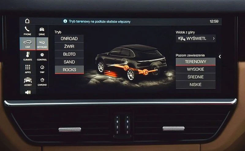 Poza trybami sportowymi Porsche oferuje paletę programów terenowych na różne nawierzchnie. 