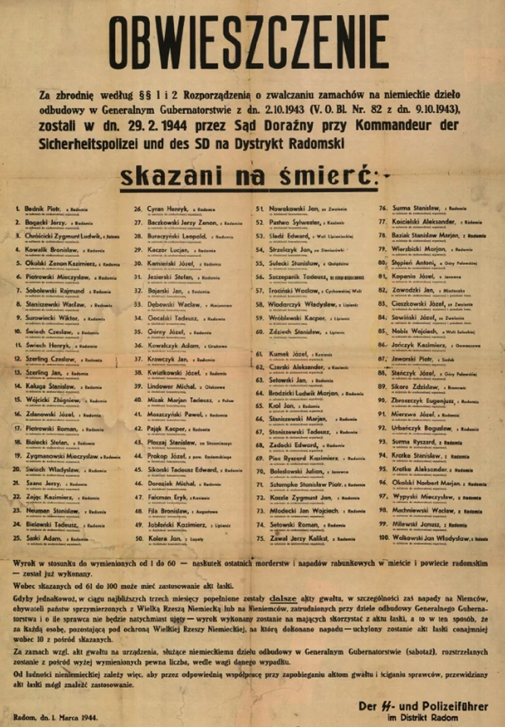 Niemieckie obwieszczenie z lutego 1944 o skazaniu 100 Polaków na śmierć za „zamach na dzieło niemieckiej odbudowy Generalnego Gubernatorstwa” 