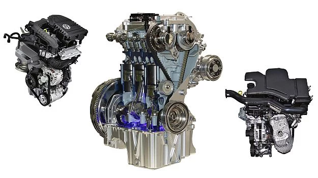 1.0 EcoBoost Forda (pośrodku) to jeden z najbardziej udanych silników 3-cylindrowych. Z lewej - 1.0 MPI/TSI grupy VW, z prawej - 1.0 VVT-i Toyoty - oba również godne polecenia.