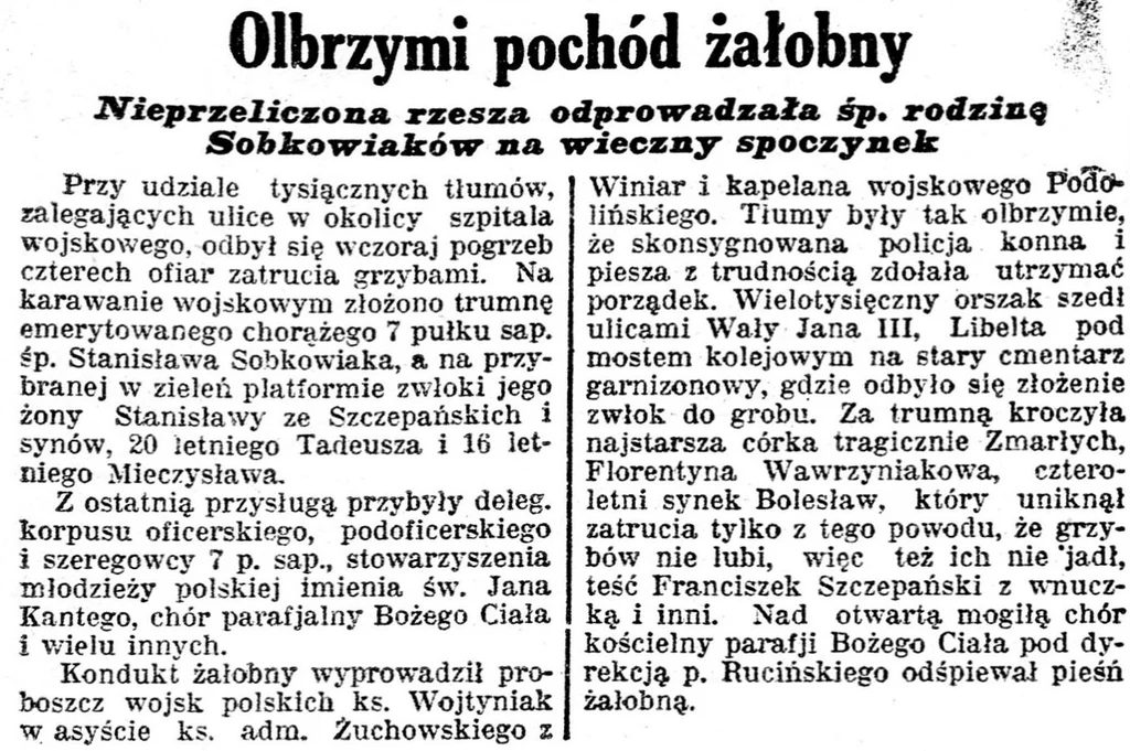 Notka prasowa z „Kurjera Poznańskiego” opisująca pogrzeb Sobkowiaków 