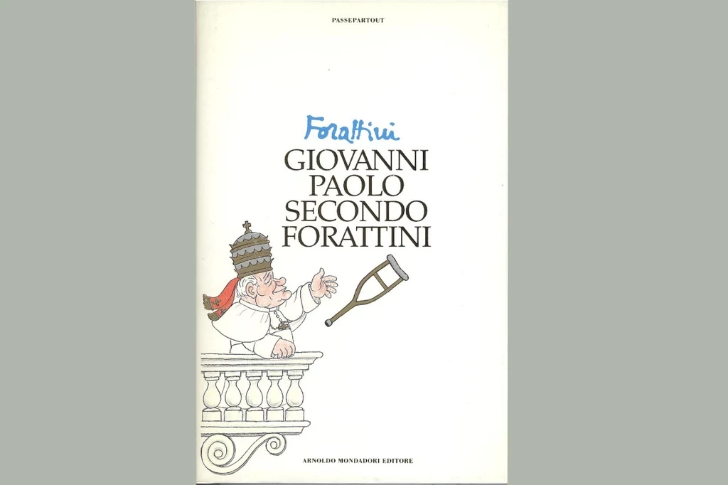 Giorgio Forattini i okładka jego książki z karykaturą Jana Pawła II