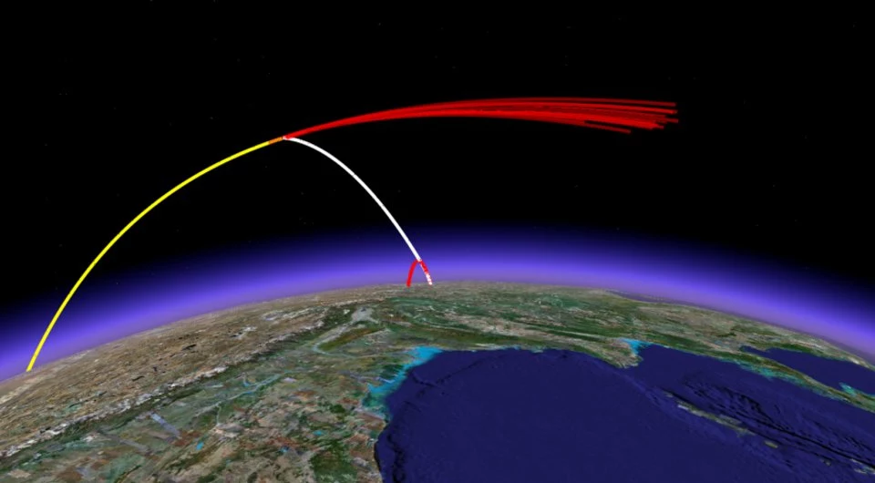 Przykład działania broni antysatelitarnej: trajektoria lotu pocisku ASAT (kolor biały), satelity (kolor żółty) oraz szczątków i pierwszego stopnia pocisku ASAT (kolor czerwony)