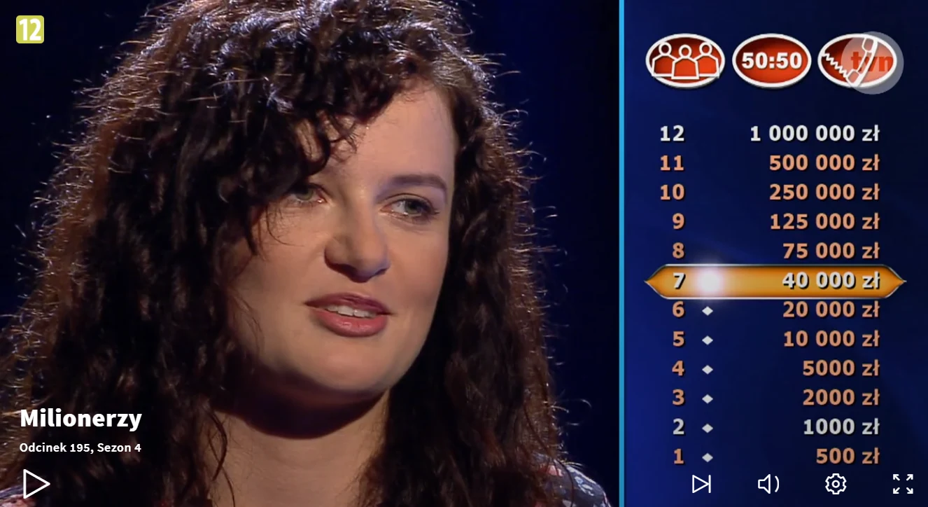 Anna wygrała 40 tys. złotych, screen z programu "Milionerzy"