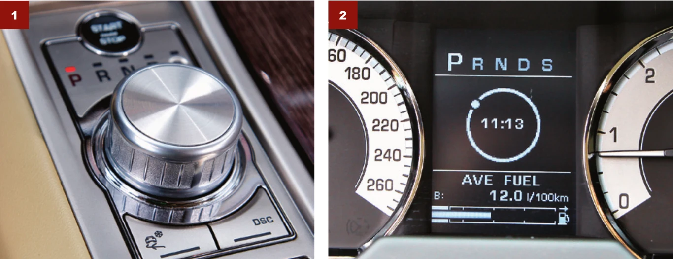 [1] Cechą charakterystyczną jest wysuwane pokrętło zmiany przełożeń automatu. [2] Wybór przełożenia sygnalizuje dioda przy pokrętle oraz wskazanie na wyświetlaczu.