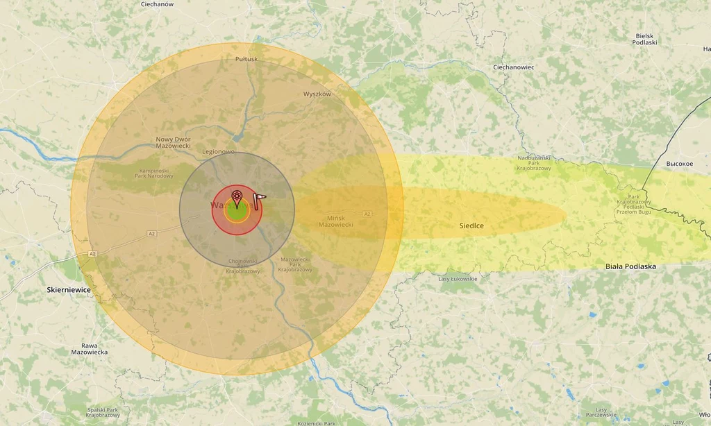 Po wybuchu nad Warszawą skutki eksplozji odczuwane byłyby około 100 km od epicentrum