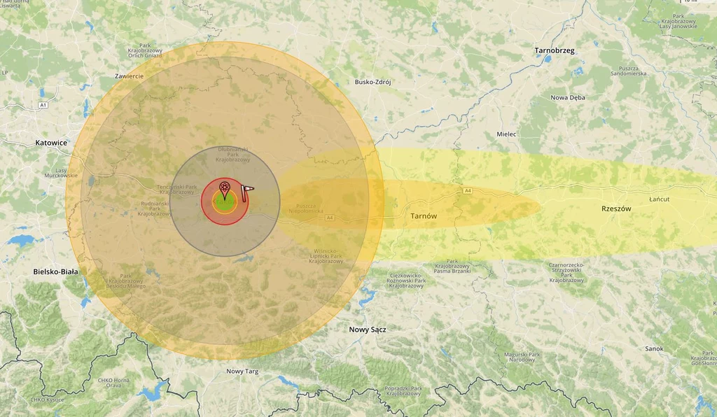 Skutki eksplozji nad Krakowem odczuwaliby mieszkańcy Śląska i Podkarpacia