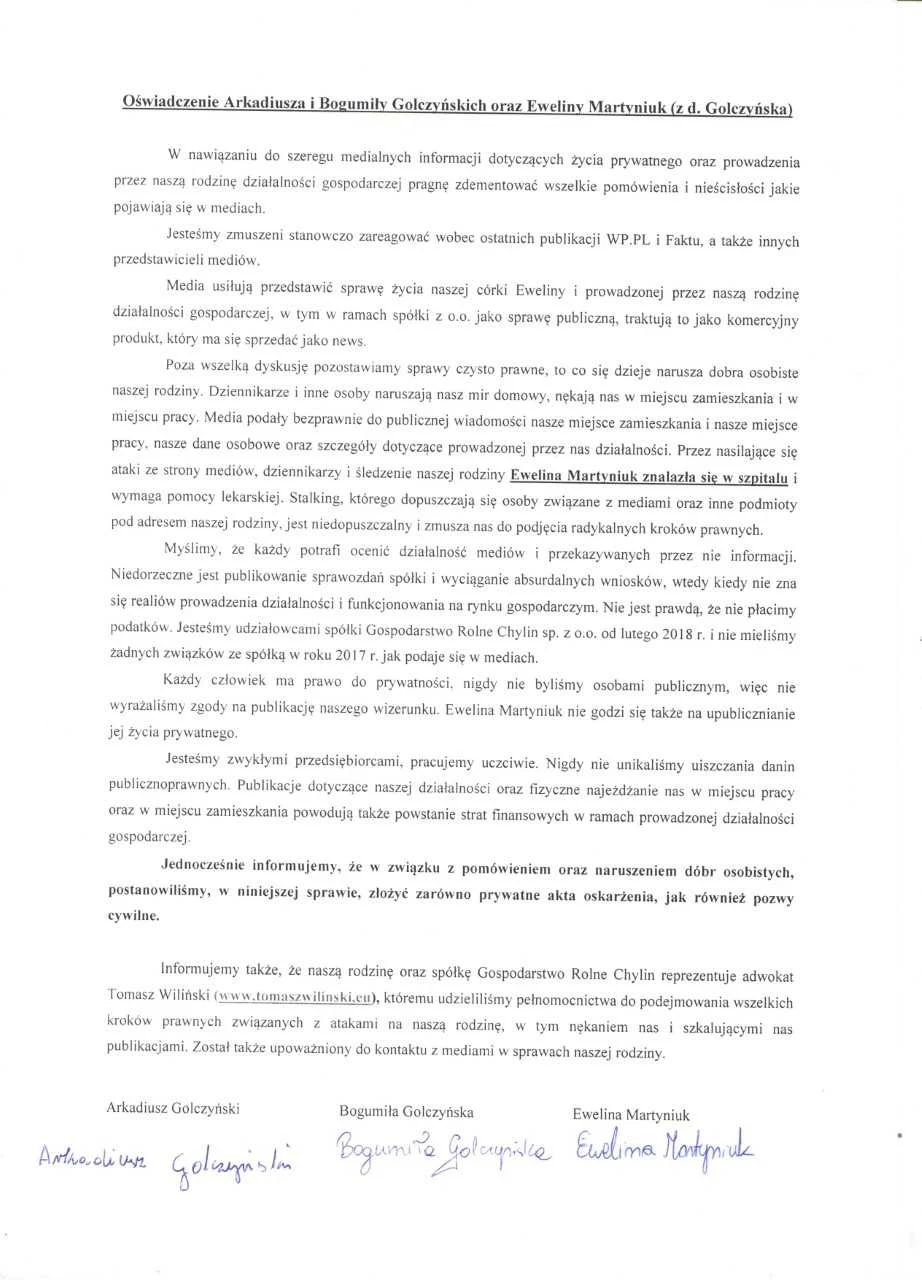 Oświadczenie rodziny Golczyńskich