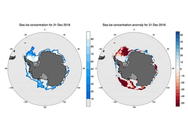 W grudniu 2018 roku antarktyczny lód morski topniał znacznie szybciej niż zwykle W grudniu 2018 roku antarktyczny lód morski topniał znacznie szybciej niż zwykle