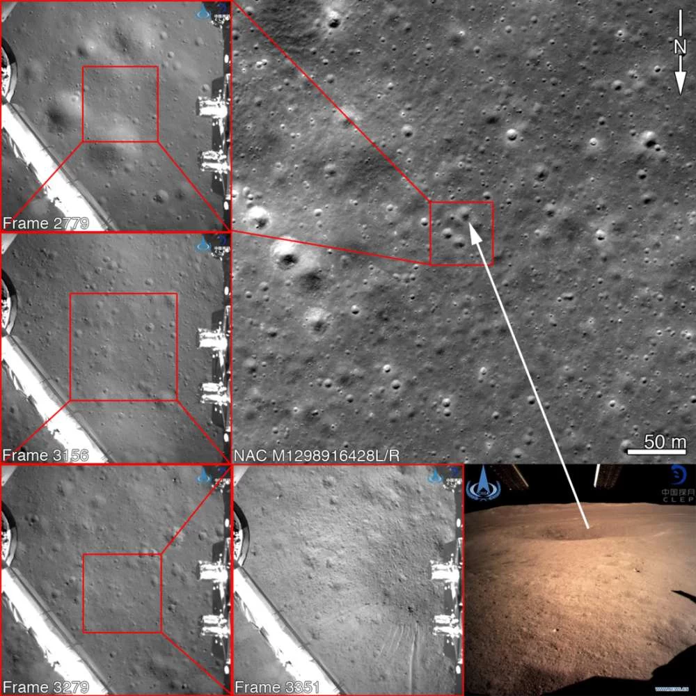 Zdjęcia wykonane przez sondę Chang'e-4 opadającą na powierzchnię - można je łatwo dopasować do zdjęć miejsca lądowania wykonanych przez NASA w grudniu