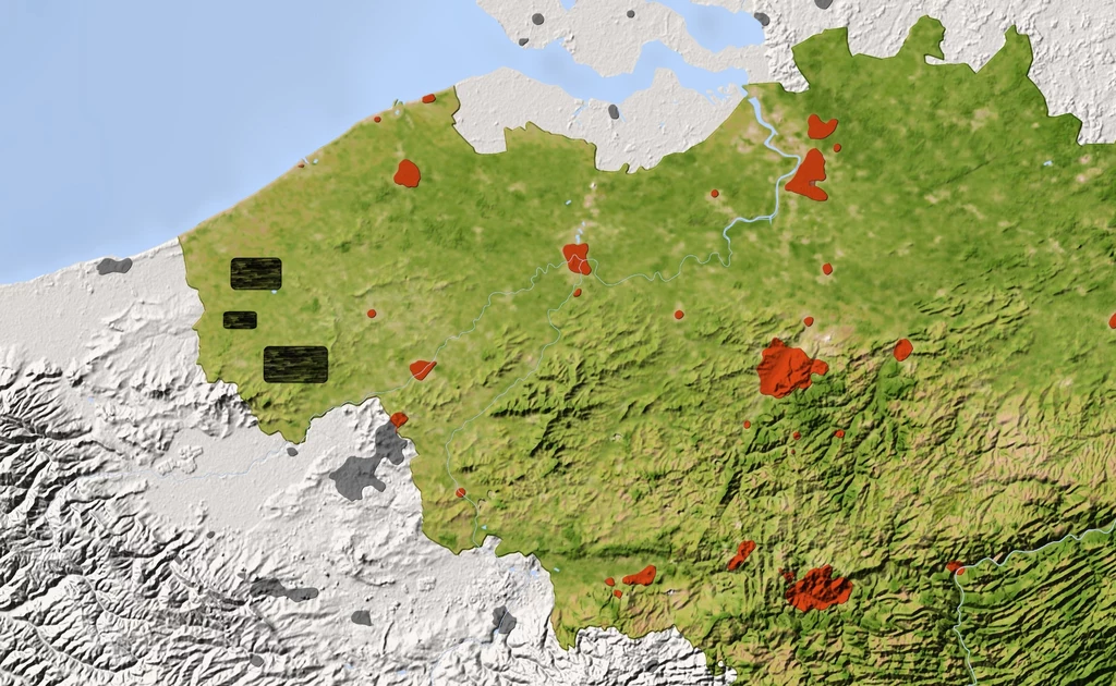 Mapa Belgii. Na czarno zaznaczone są strefy, w których znajduje się najwięcej niewybuchów i niewypałów z czasów I wojny światowej