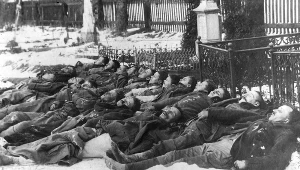 Walki polsko-czeskie o Śląsk Cieszyński: zwłoki poległych w bitwie pod Olbrachcicami żołnierzy polskich.