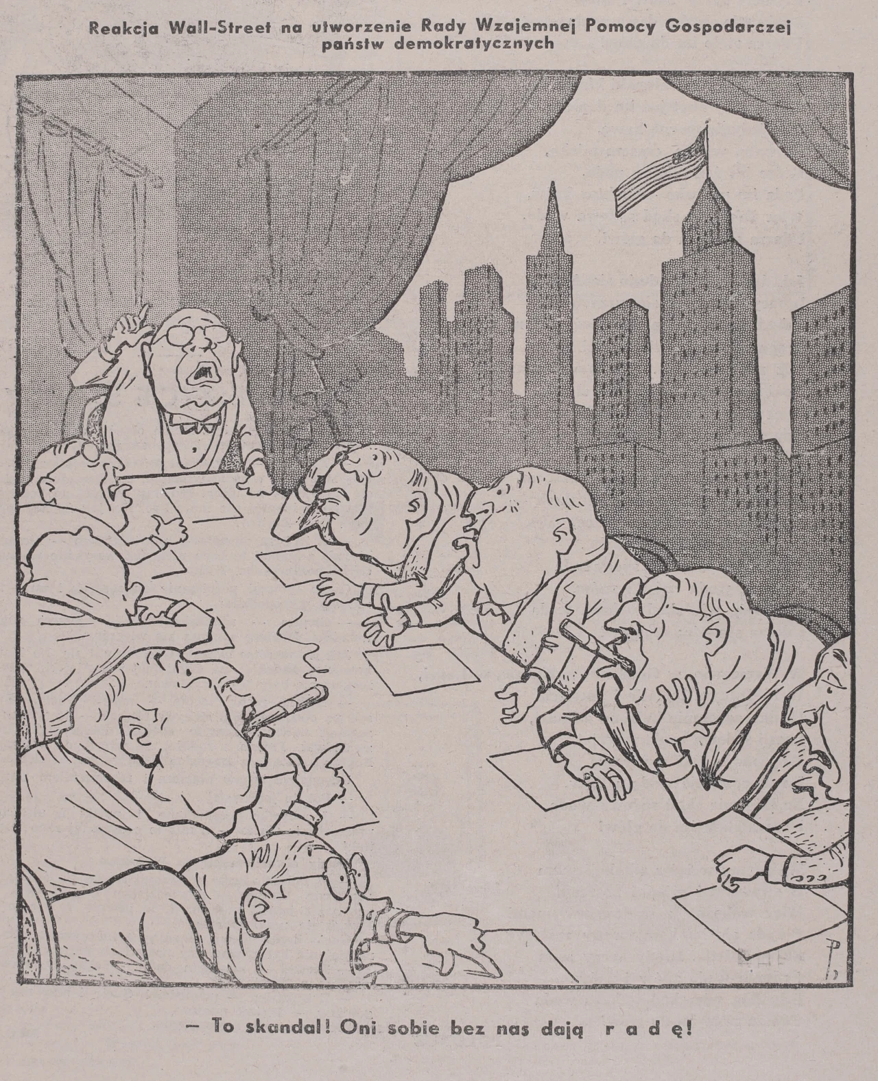 1950. Ilustracja satyryczna, publikowana w prasie w ramach antyzachodniej i antyamerykańskiej propagandy z okresu zimnej wojny 1950. Ilustracja satyryczna, publikowana w prasie w ramach antyzachodniej i antyamerykańskiej propagandy z okresu zimnej wojny