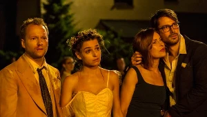 Maciej Stuhr, Agnieszka Więdłocha, Danuta Stenka i Aleksandar Milićević w filmie  "Planeta Singli 3"