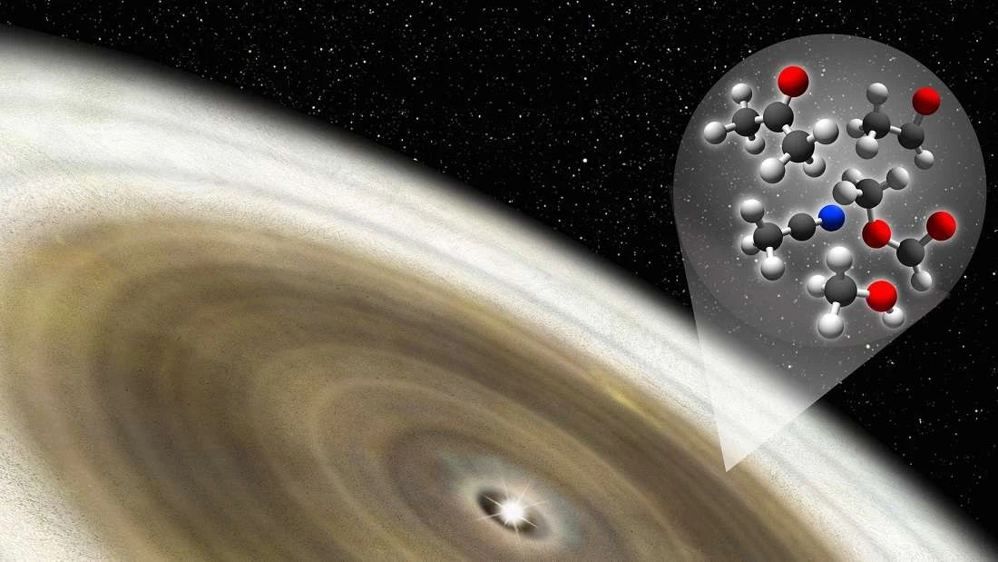 Wizja artystyczna związków organicznych wokół gwiazdy V883 Ori Wizja artystyczna związków organicznych wokół gwiazdy V883 Ori