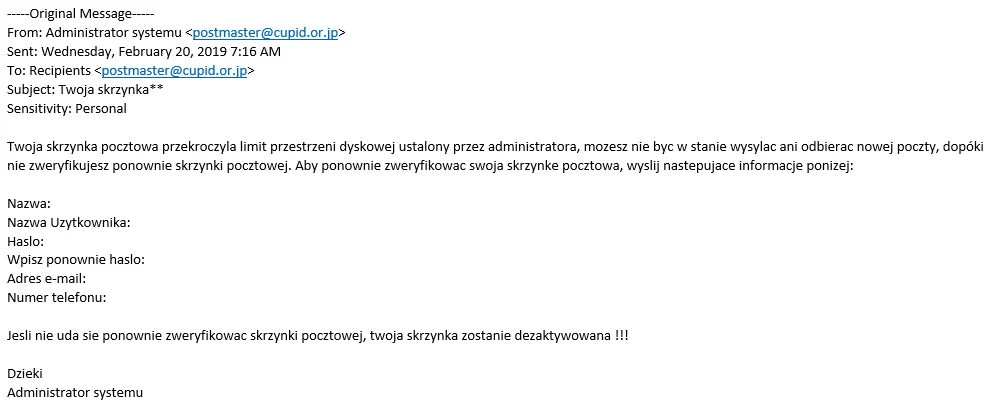 Zrzut ekranu rozsyłanej do firm kampanii phishingowej Zrzut ekranu rozsyłanej do firm kampanii phishingowej
