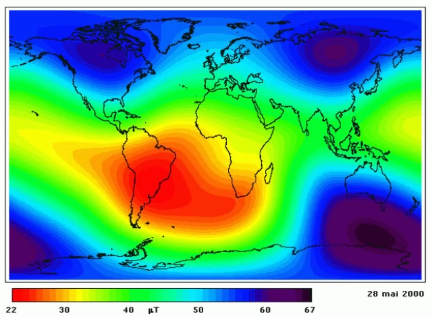 Anomalia magnetyczna Południowego Atlantyku rozciąga się od wybrzeża Brazylii w Ameryce Południowej aż po Zimbabwe w Afryce