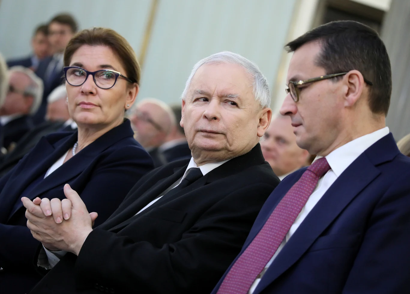 Rzecznik PiS Beata Mazurek, prezes Jarosław Kaczyński, premier Mateusz Morawiecki.
