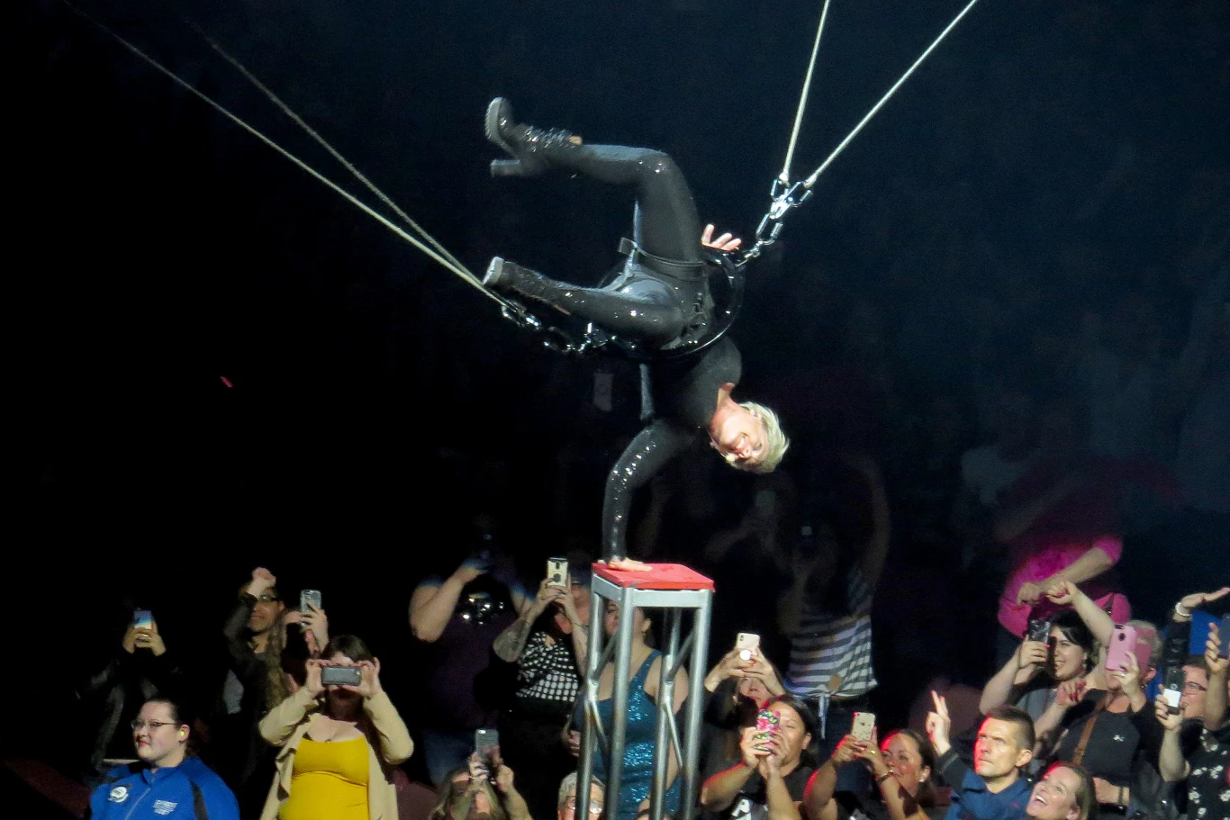 Pink prezentuje swoje akrobatyczne umiejętności. Pink prezentuje swoje akrobatyczne umiejętności.