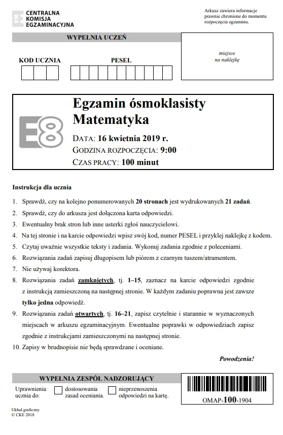 Egzamin ósmoklasisty 2019 - matematyka, str. 1
