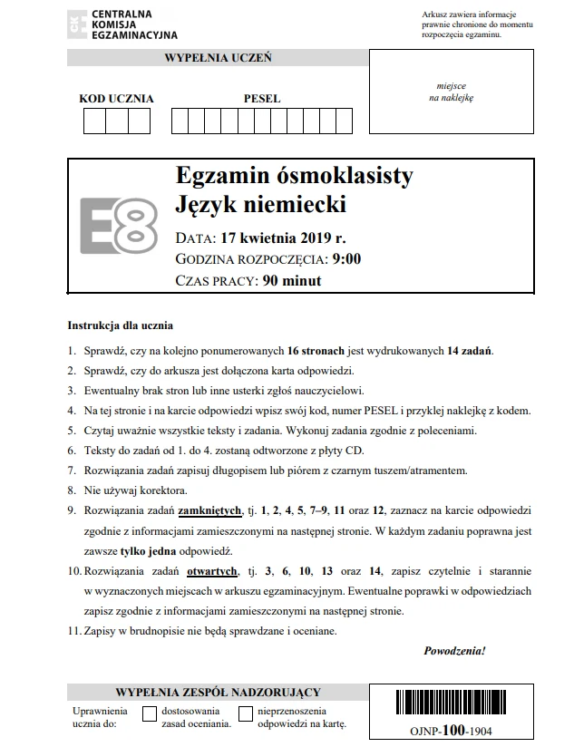 Egzamin ósmoklasisty 2019. Język niemiecki arkusz CKE Egzamin ósmoklasisty 2019. Język niemiecki arkusz CKE
