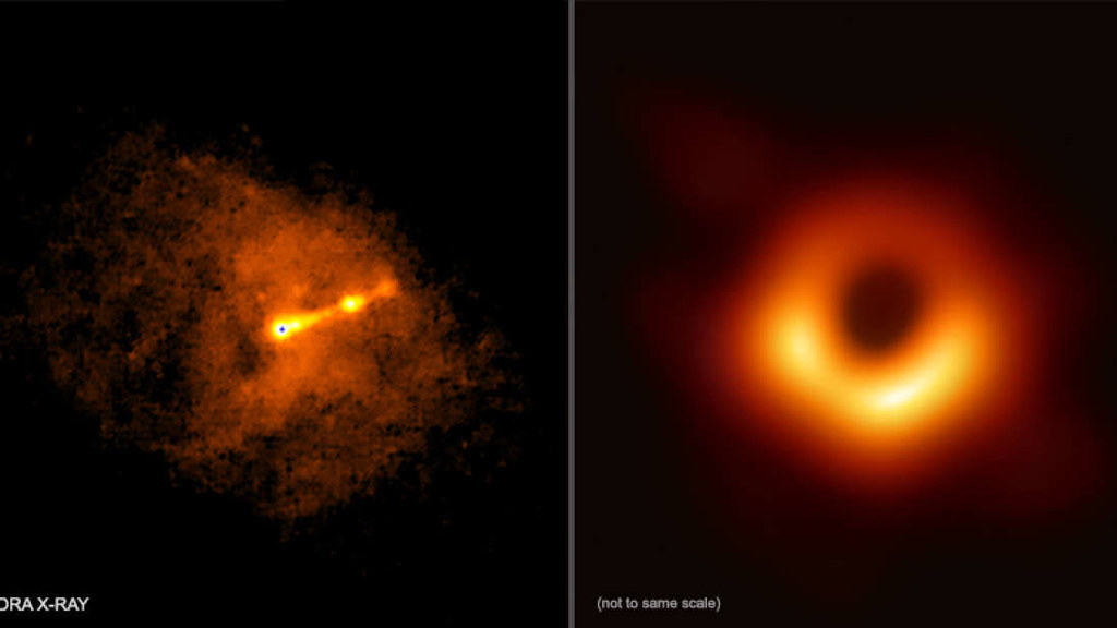 Po lewej zdjęcie czarnej dziury z kosmicznego teleskopu Chandra z 2017 r., a po prawej dokładniejsze zbliżenie na obiekt dzięki EHT z 2019 r.