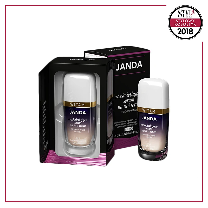 Kategoria: Pielęgnacja twarzy; Nagroda Specjalna Redakcji STYL.PL - Janda Rozświetlające serum na Tu i Teraz Siła diamentowego nośnika z bio-witaminą C - aby tu i teraz cieszyć się skórą, która zachwyca młodzieńczym blaskiem i promiennym wyglądem. 