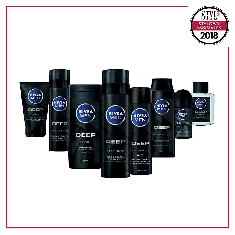 Kategoria: Pielęgnacja dla mężczyzn - seria NIVEA MEN DEEP - jako główny składnik zastosowano czarny węgiel, który niczym magnez przyciąga zabrudzenia, pozostawiając skórę dogłębnie oczyszczoną i odświeżoną. 