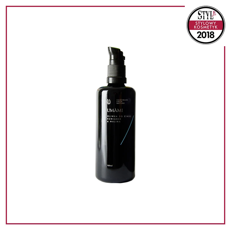 Kategoria: Kosmetyki naturalne, Nagroda Specjalna Redakcji STYL.PL - Umami Oliwka do Ciała Rumianek & Malina- delikatna, ochronna oliwka do pielęgnacji ciała przyrządzona na bazie maceratów z rumianku i nagietka.