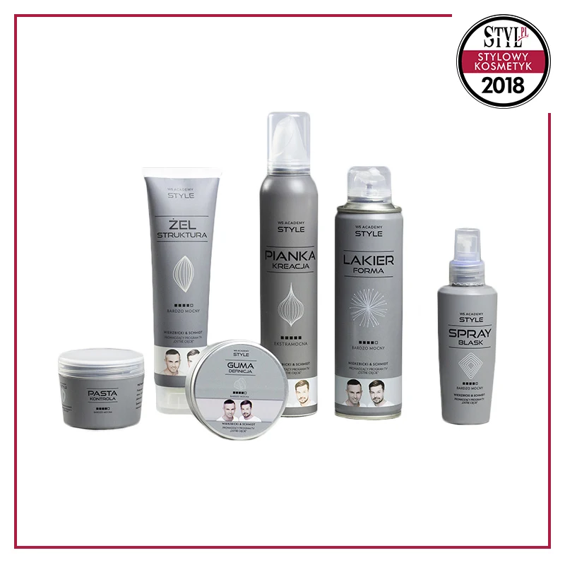 Kategoria: Pielęgnacja włosów - WS ACADEMY STYLE, gama 6 kosmetyków do stylizacji: Pianka do Włosów Kreacja, Guma Utrwalająca Definicja, Modelująca Pasta Kontrola, Żel do Włosów Struktura, Spray Nabłyszczający Blask, Lakier Do Włosów Forma.