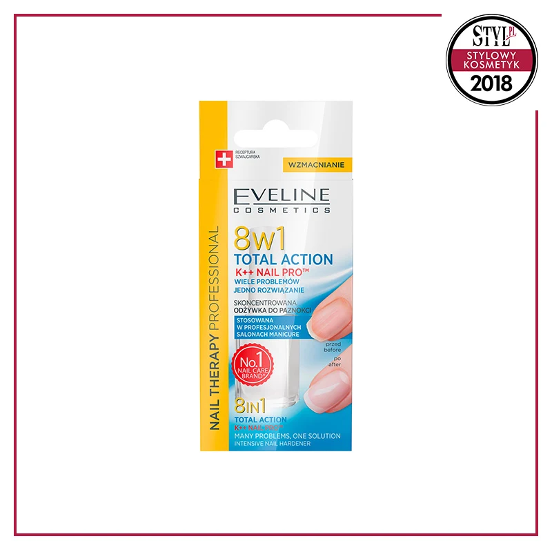 Kategoria: Pielęgnacja paznokci - Nail Therapy Professional, skoncentrowana odżywka do paznokci 8w1 Total Action - nowa, ulepszona formuła odżywki Eveline Cosmetics, dzięki której płytka paznokcia jest wzmocniona, zregenerowana i wygładzona.