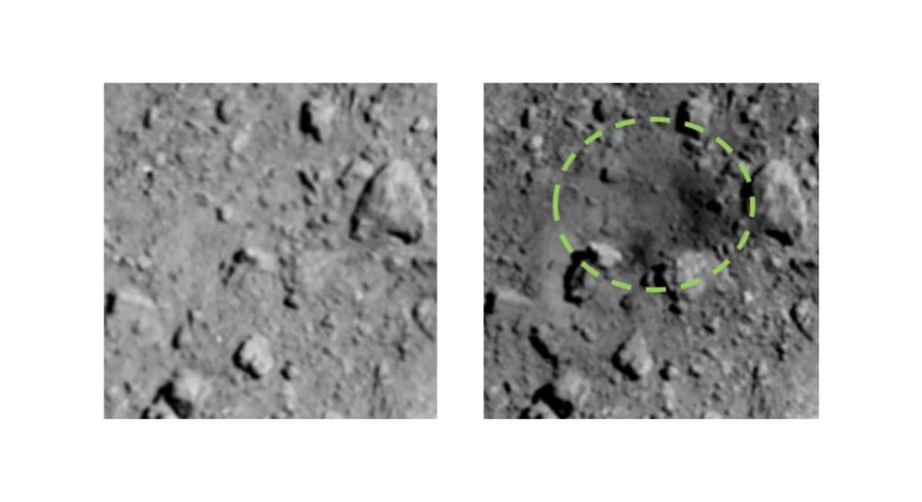 Nowy krater na powierzchni Ryugu (po prawej) oraz porównanie stanu przed impaktem (po lewej)