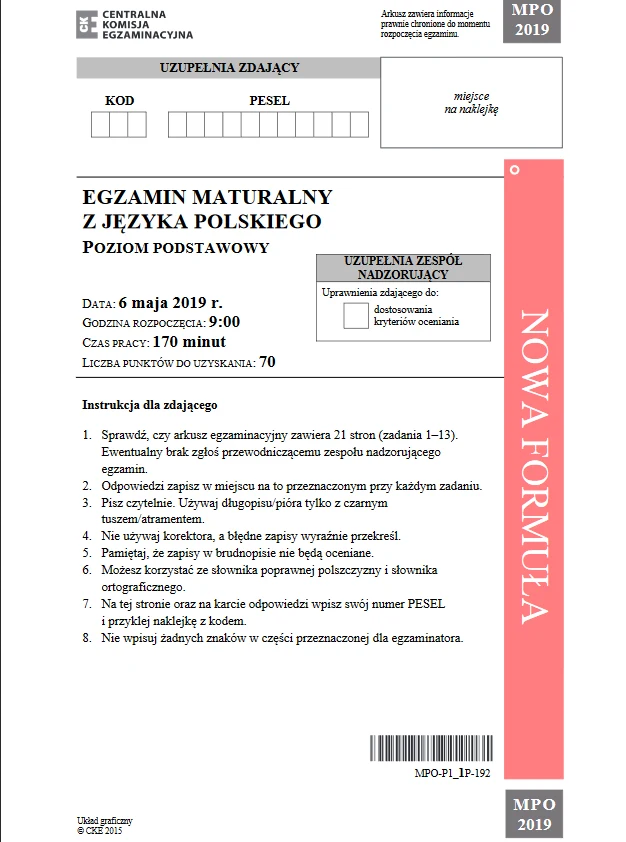 Matura 2019. Język polski podstawowy - arkusz CKE i odpowiedzi