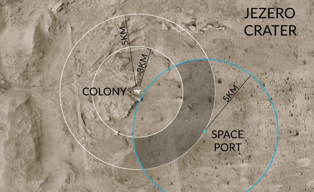 Proponowana pozycja bazy Twardowsky wewnątrz krateru Jezero