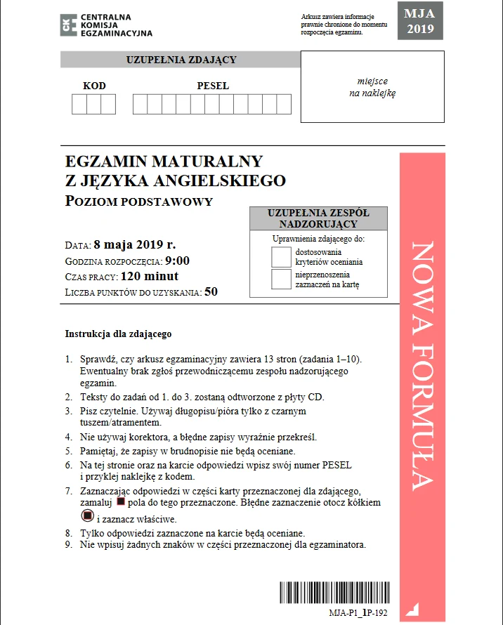 Matura 2019: Język angielski poziom podstawowy 