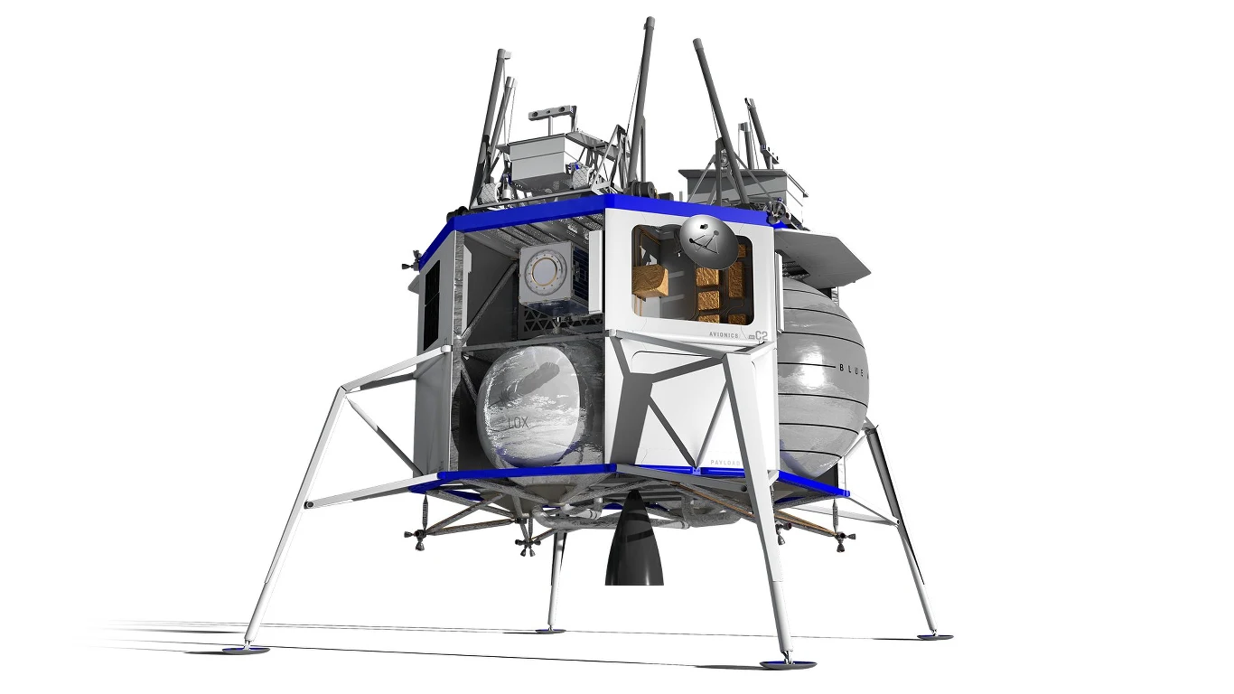 Grafika prezentująca bezzałogową wersję lądownika Blue Moon / Fot. Blue Origin Grafika prezentująca bezzałogową wersję lądownika Blue Moon / Fot. Blue Origin
