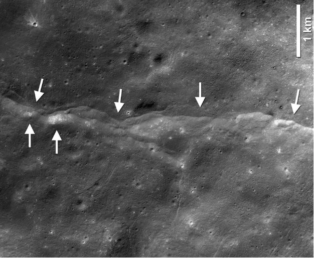 Jeden z około 3500 uskoków tektonicznych na Księżycu, zobrazowanych przez sondę LRO